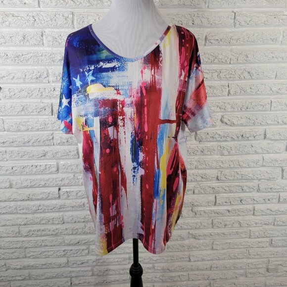 Fourth of July Women Top XXL Plus Tee Short Sleeve Blue Red Watercolor WAT1E - Picture 1 of 8